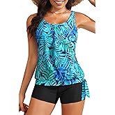 Yonique 2 Piece Swimsuit for Women Blouson Tankini Top with Shorts Tummy Control Bathing Suit