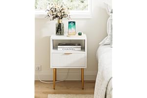 AEPOALUA Nightstand with Charging Station,Small Bedside Table with Gold Frame,White Night Stand,Bedside Furniture,Side Table with Drawer and Shelf for Bedroom,Living Room,Stripe