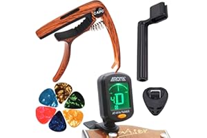 MOREYES Tuner Clip on Chromatic, Guitar, Bass, Violin, Ukulele Include Guitar Capo and Picks and Holder (Tuner capo with pin 