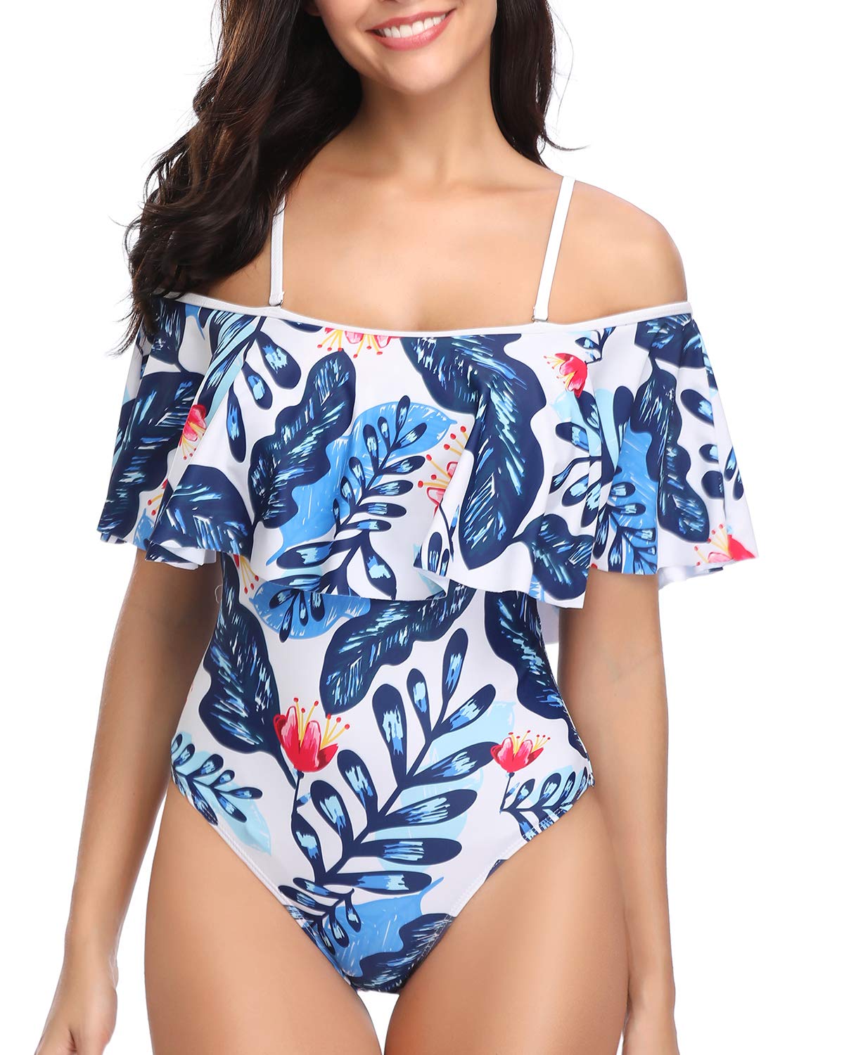 Women Off Shoulder One Piece Swimsuit Leaf Print Flounce Ruffle Swimwear Retro Vintage Bathing Suits M
