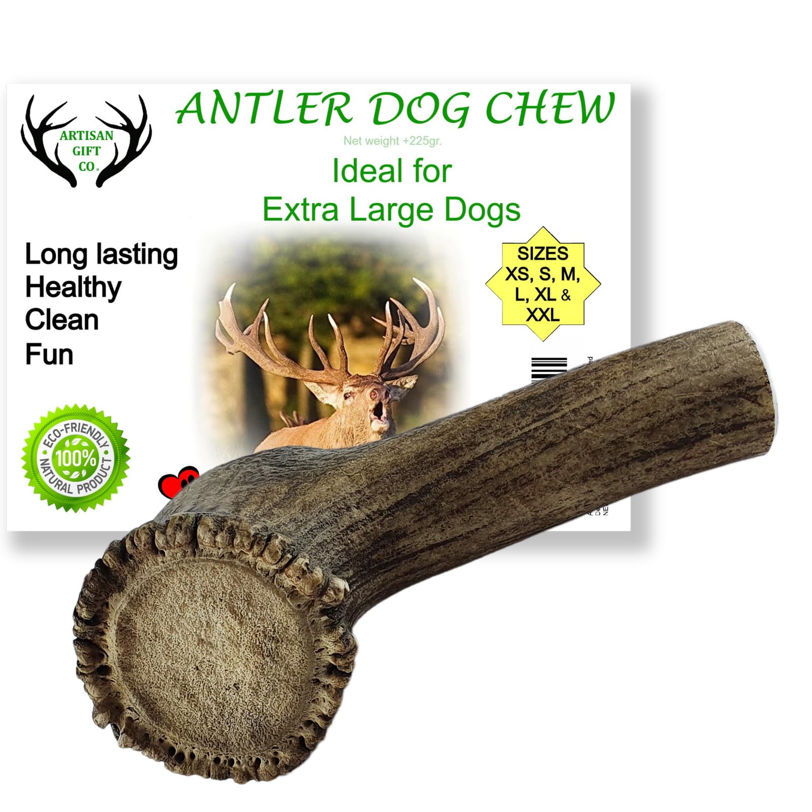 ARTISAN GIFT CO Naturally Shed 100% Natural Premium Deer Antler Chew for Dogs - minimum weight 225g (XL- 1 Unit)