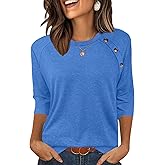 Bakoliza Womens Summer Tops 3/4 Length Sleeve Shirts Fashion 2026 Crew Neck Buttons Casual Blouses