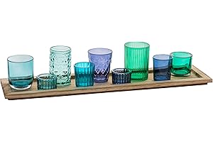 Creative Co-Op Wood Tray with 9 Blue & Green Glass Votive Holders