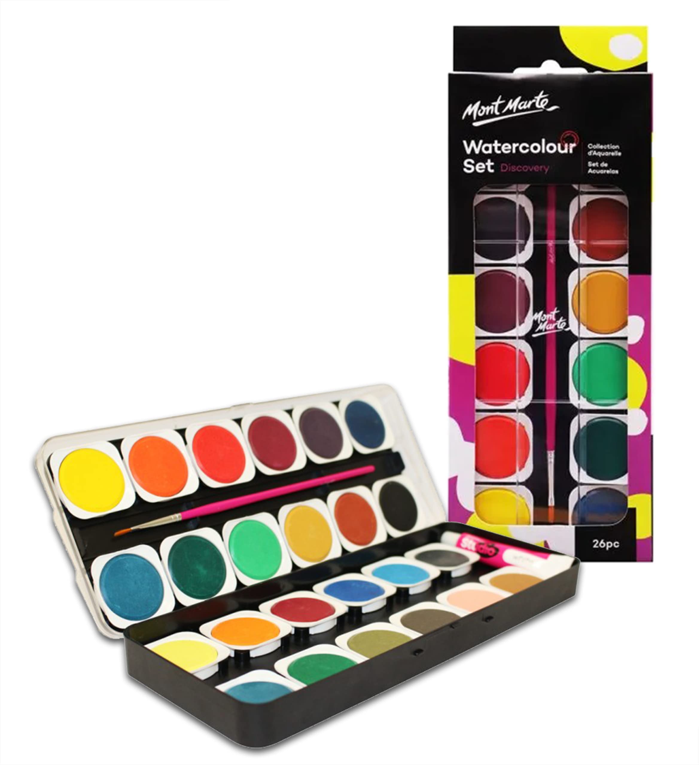 MONT MARTE Watercolour Paint Set – 26 pcs – Brilliant colours – High pigmentation – For Watercolour Painting – For Beginners, Pupils and Students