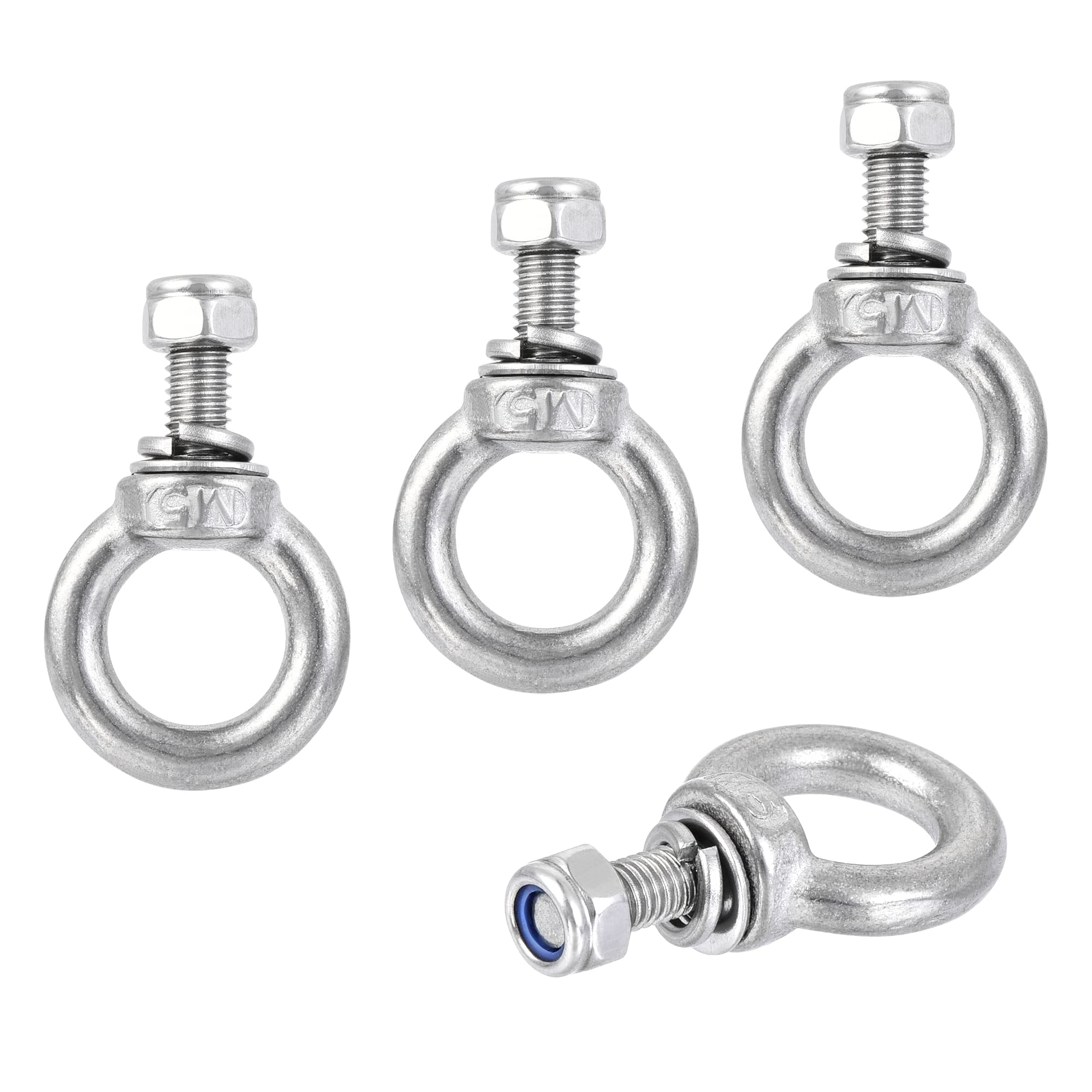 sourcing map Lifting Eye Bolt M5 x 12.5mm Male Thread with Hex Screw Nut Gasket Flat Washer for Hanging Securing Chain Wire Rope, 304 Stainless Steel, 4 Sets