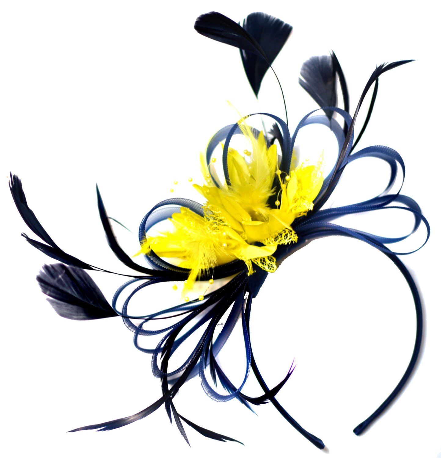 Caprilite Navy and Yellow Fascinator Light Net Hoop Feather Hair Headband Wedding Royal Ascot Races