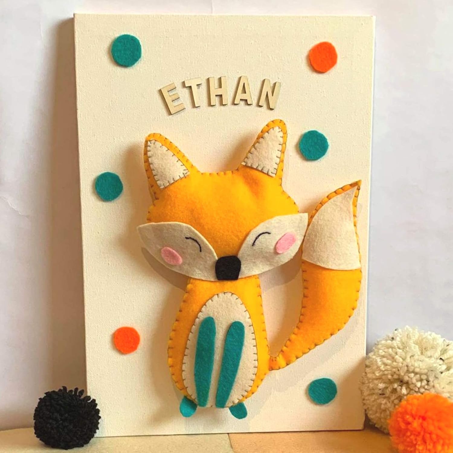 Personalised 3D Felt Kids Room Decor BabyNursery WALL ART Fox Canvas