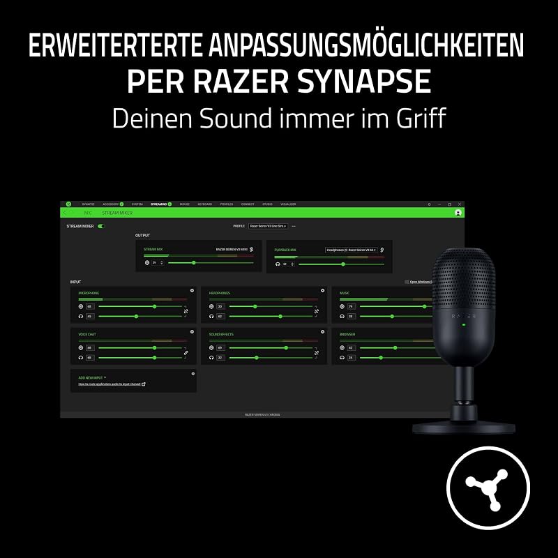 Seiren V3 Mini - Ultrakompaktes USB-Mikrofon (14mm Supernieren Kondensatormikrofon, Tap-to-Mute-Sensor mit LED-Anzeige, integrierter Stoßdämpfer, Plug-and-Play Design) Schwarz