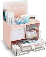 RISEMART Desk Organiser with 3 Drawers Pink 21x14.5x15.5cm Pen Holder