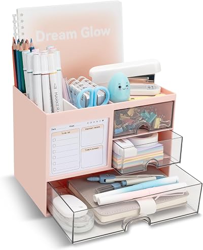 RISEMART Desk Organiser with 3 Drawers Pink 21x14.5x15.5cm Pen Holder