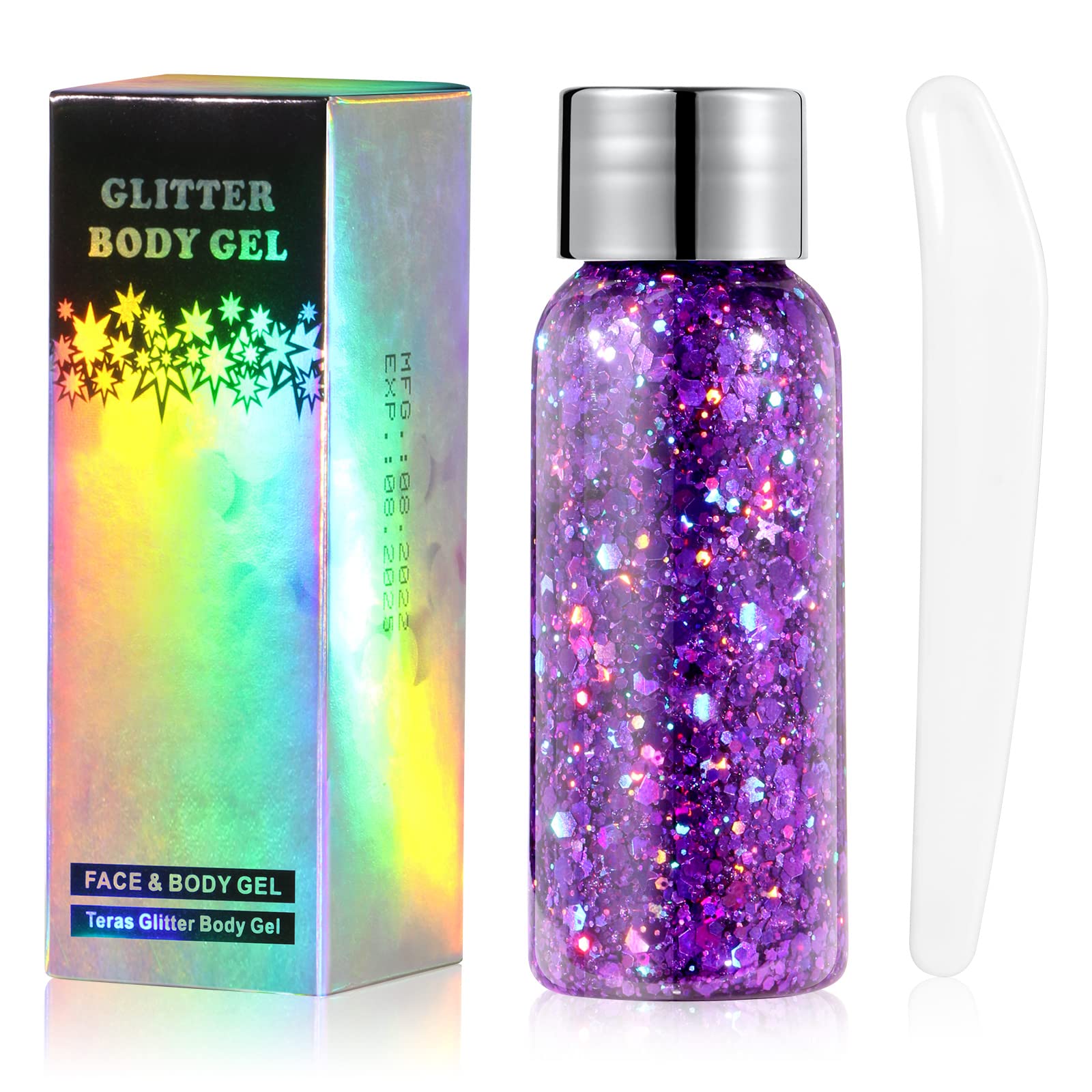 URAQT Body Glitter Gel, Holographic Mermaid Sequins Glitter Chunky Cosmetic Glitter Face and Body Gel, Sparkling Festival Party Lotion Glitter for Face Body Eye Hair Nail Makeup and DIY Art
