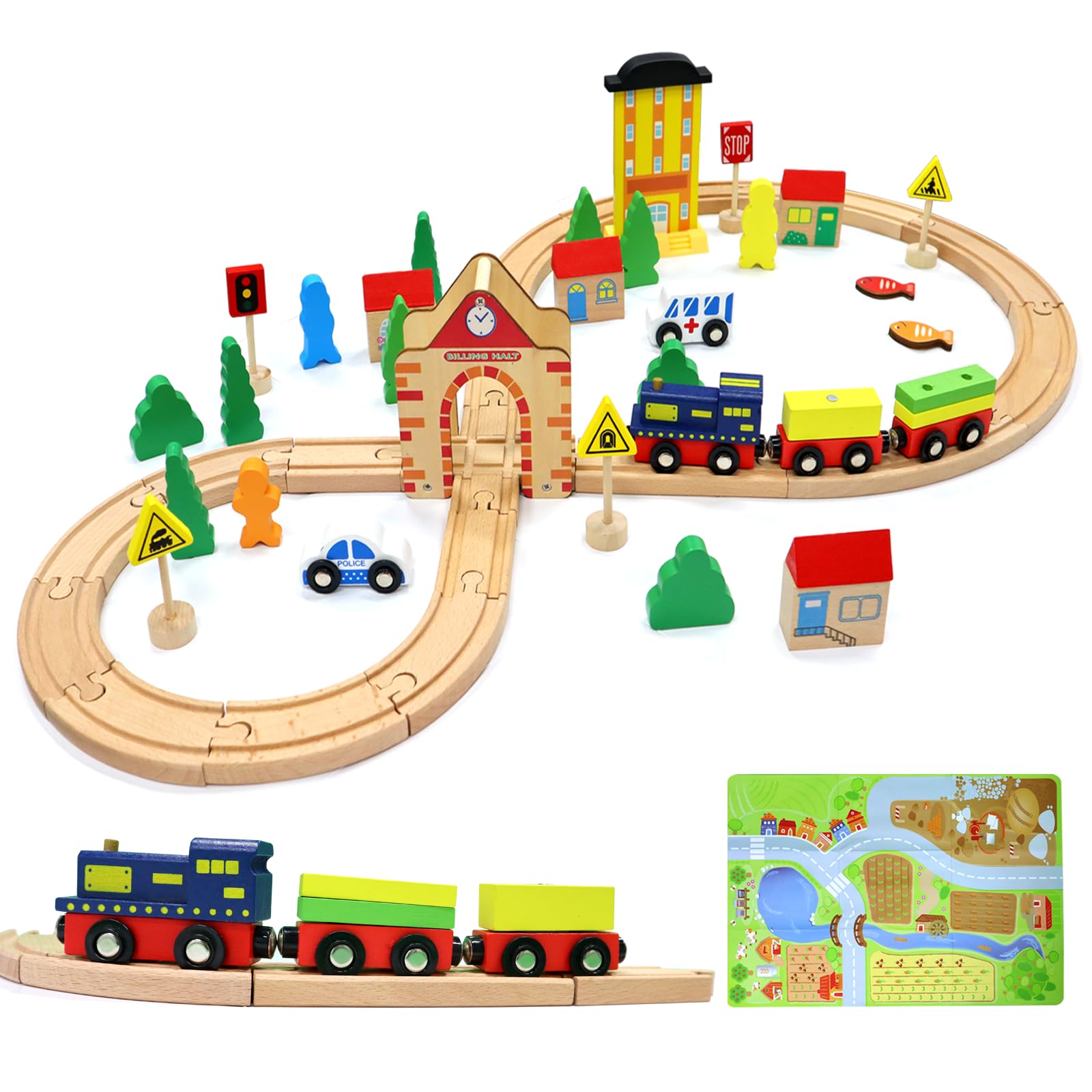 Photo 1 of HERQUEEN Wooden Train Set with Magnetic Trains and Premium Wood Tracks, 54pcs Wooden Magnetic Train Track Set for 3+ Toddlers Boys Girls, Double-Side Wooden Tracks Work with Major Brands Track