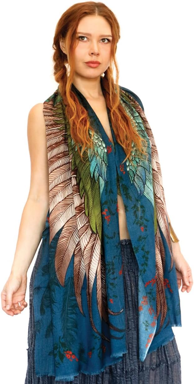 ShovavaJasper Bird feathers Hand Painted & Printed Silk & Cashmere Scarf (Jasper Blue)