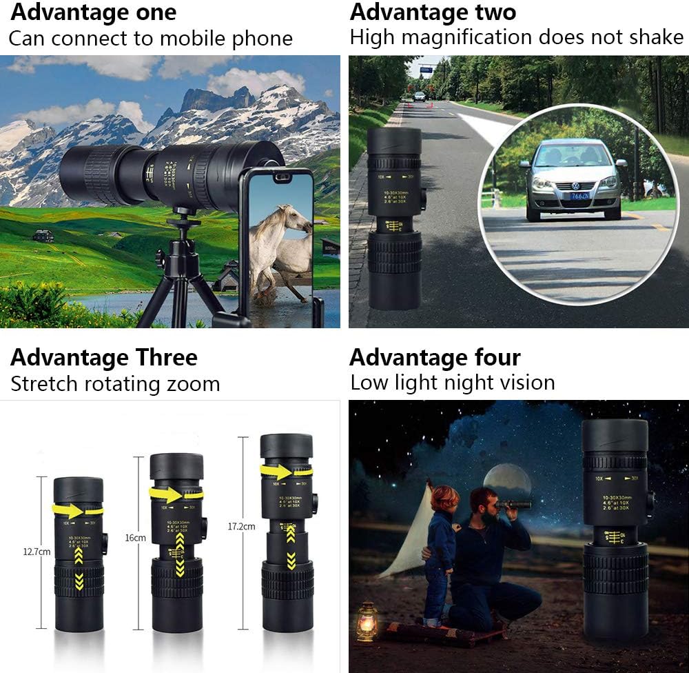 4K 10-300X40Mm Super Telephoto Zoom Monocular Telescope, Monocular Telescope for Mobile Phone, with Smartphone Adapter Tripod Suit for Hiking Camping Bird Watching Best Gifts for Men: Arts, Crafts & Sewing