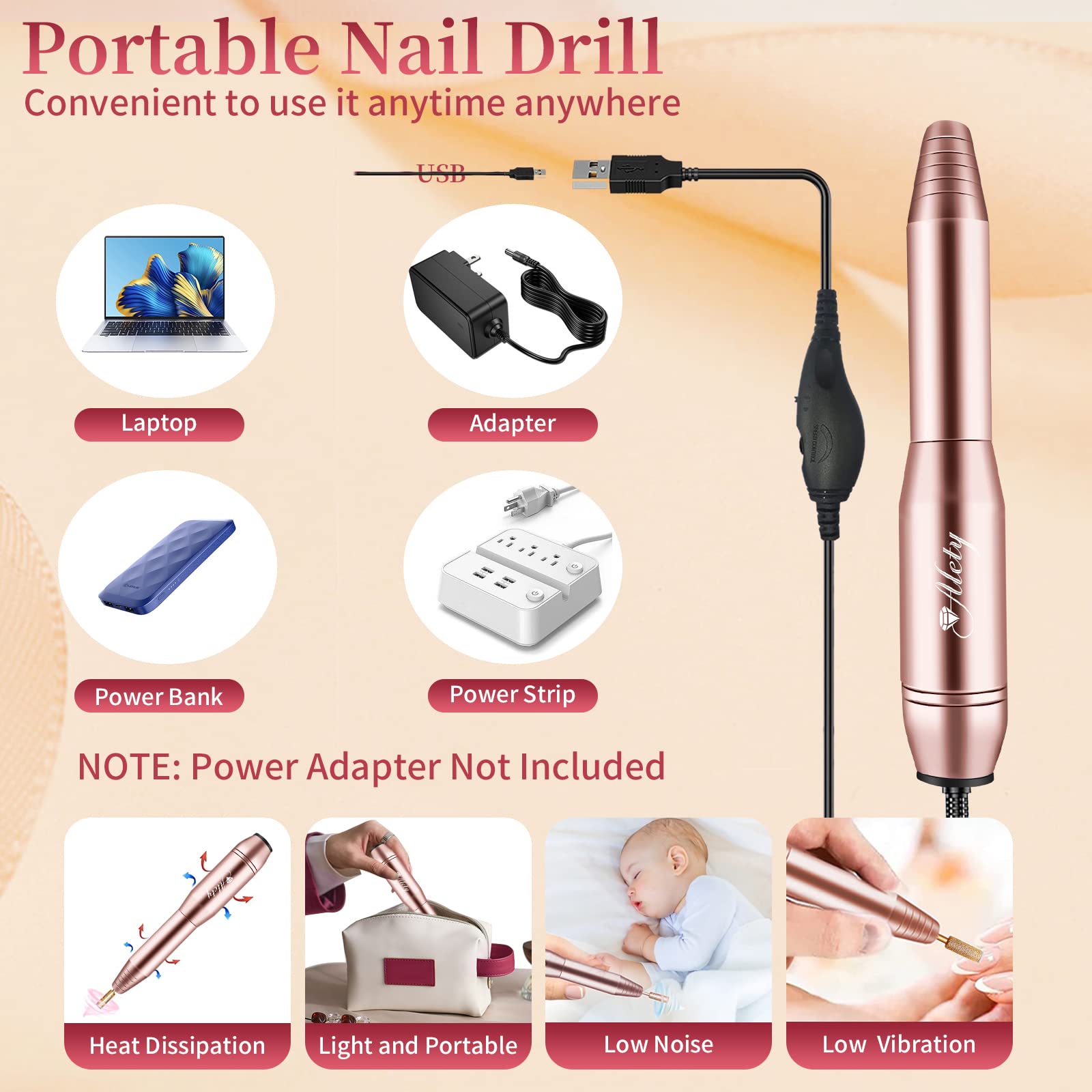 Alety Electric Nail Drill Kit - Portable File for Acrylic Gel Nails, Professional Machine Efile Manicure Pedicure Tools With Gold Drill Bits for Home Salon Use - Image 4