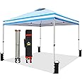Crown Shades 10x10 Pop Up Canopy - Beach Tent with One Push Setup - Outdoor Sun Shade for Events, Parties, Camping - STO-N-Go Cover Bag, Silver Coated Top, 3 Height& 4 Sand Bags, Sky Blue Stripes
