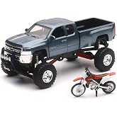New-Ray Chevrolet 4x4 Gray Silverado Pickup Truck w/Working Suspension and Honda Dirt Bike