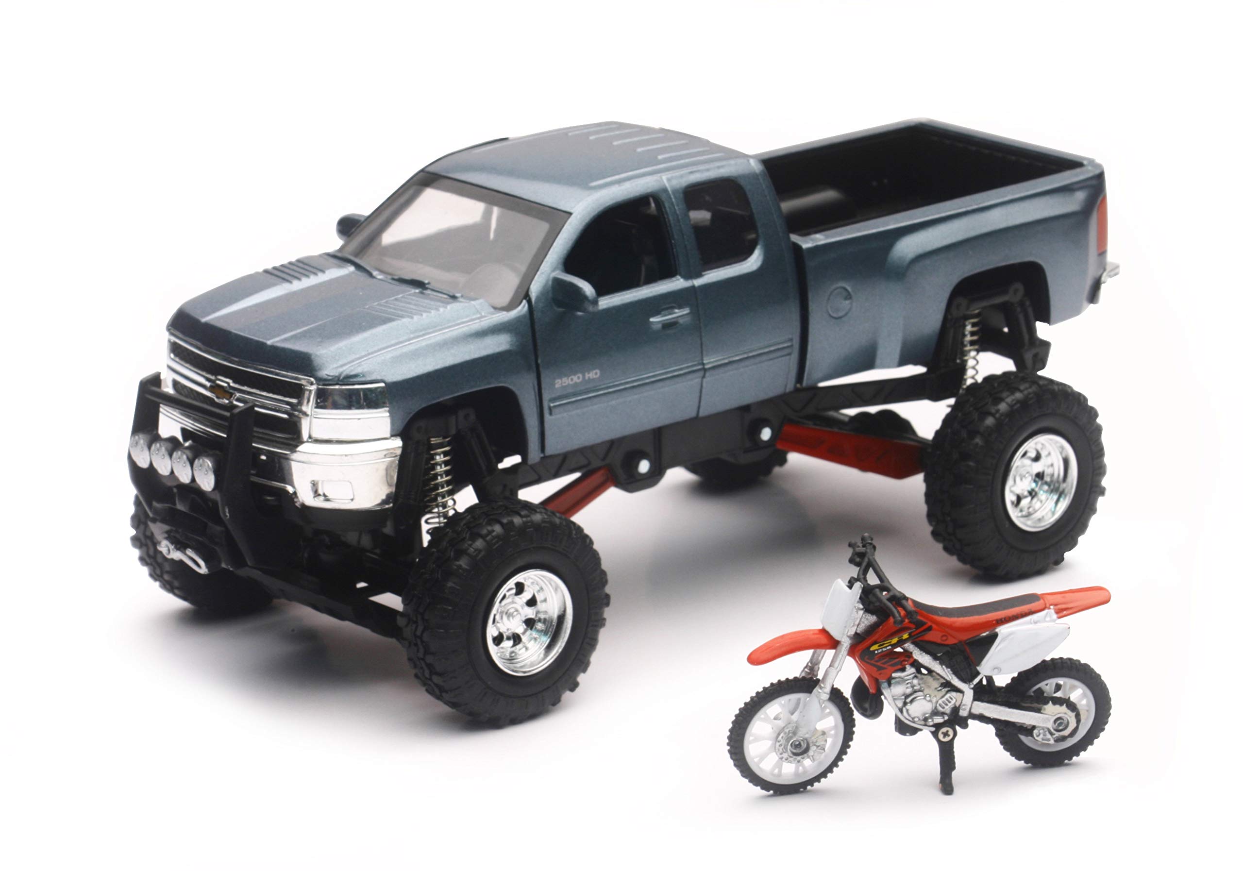 Photo 1 of New-Ray Chevrolet 4x4 Gray Silverado Pickup Truck w/Working Suspension and Honda Dirt Bike