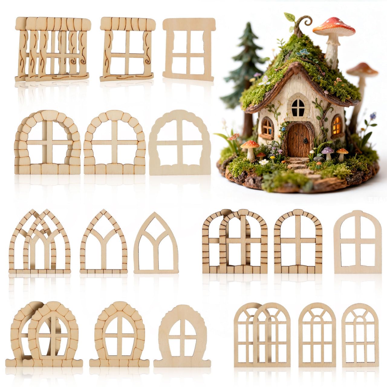 TEHAUX 25pcs Unfinished Wooden Fairy Doors & Windows - Mini DIY Craft Pieces for Fairy Houses, Garden Decor & Dollhouses Birthday Wedding Party Decoration Antique