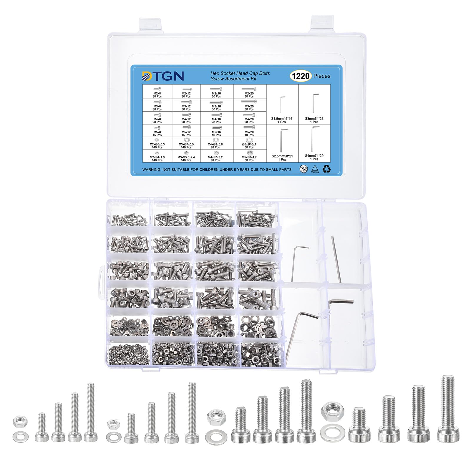DTGN 1220Pcs Metric Screw Assortment, M2/M3/M4/M5 Bolts and Nuts Kit, 304 Stainless Steel 8/12/16/20mm Hex Socket Head Cap Screws Bolt Set With Wrench, Washers for 3D Printing DIY