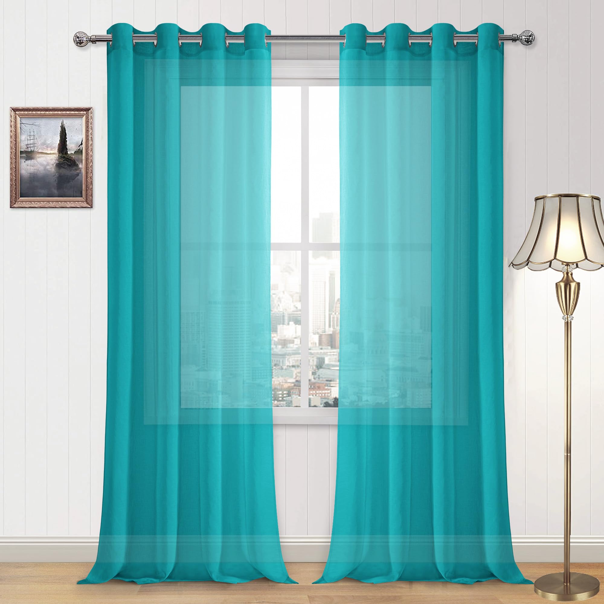 DWCN Turquoise Faux Linen Sheer Curtains - Grommet Voile Window Curtain Drapes for Bedroom Living Room 52 x 90 inches Long, Set of 2