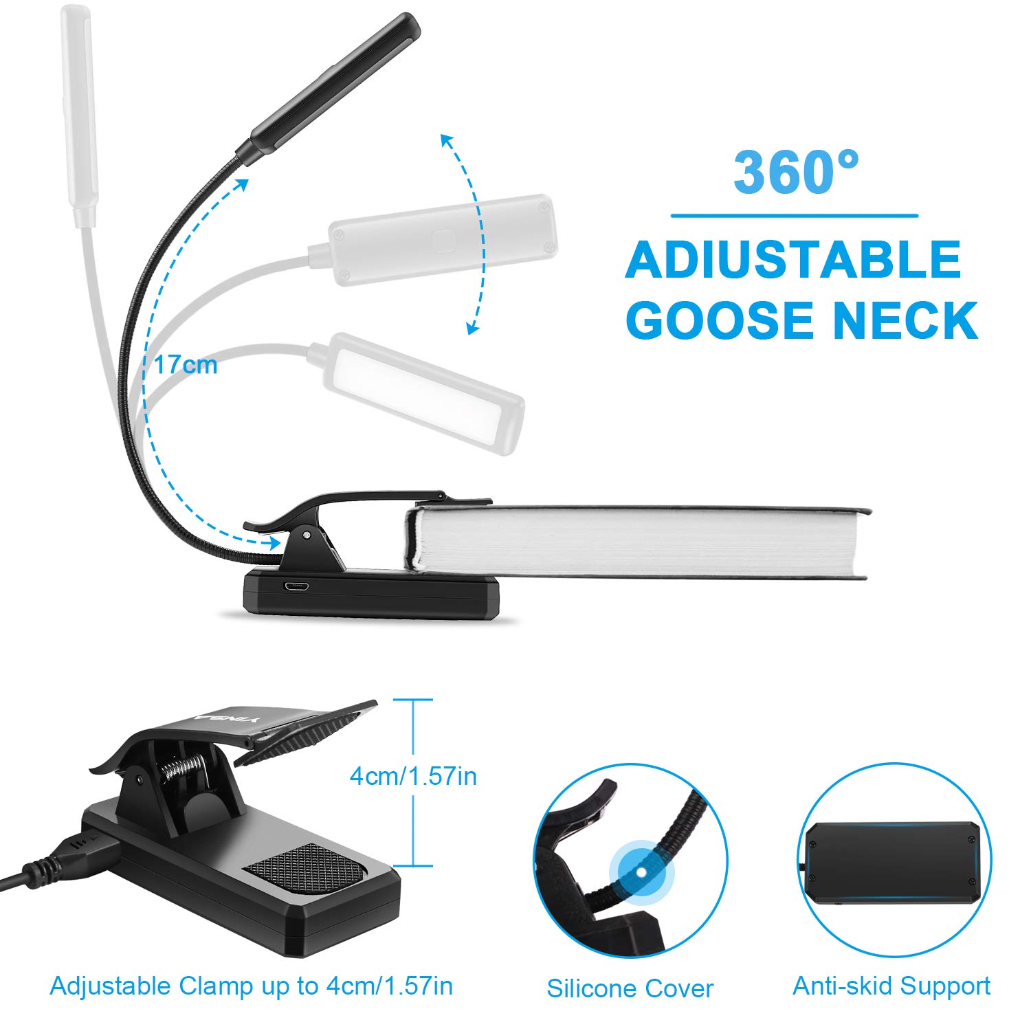 9 LED Luz de Lectura Libro, YINSAN Lampara Lectura Recargable con Sensor Táctil, 3 Modos de Brillo Ajustable (Luz Cálido y Blanco), Luz Pinza Libro para Lectores Noche, E-Reader, Estudio, Cama, Tablet