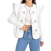 HOULENGS Women's Ruffle sleeve Floral Quilted Vest Lightweight Sleeveless Jacket Button Down Padded Gilet Coats with Pockets