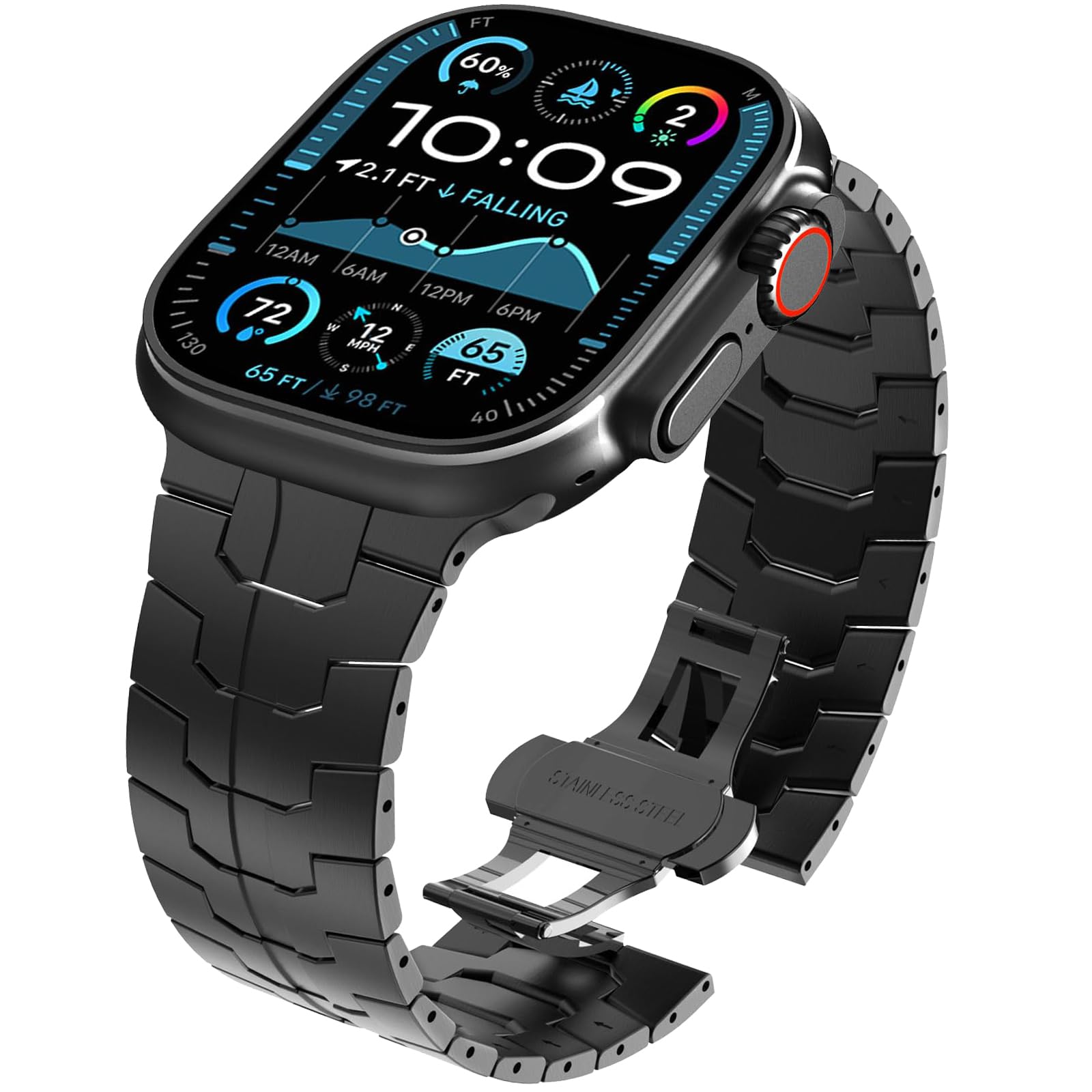 WINGLE Stainless Steel Bands for Apple Watch Band Ultra 3/2/1 Band Ultra 49mm 46mm 45mm 44mm 42mm Series 11/10 SE 3/2/1 Men, 24mm Wide Business Rugged Metal Bands for iWatch 9 8 7 6 5 4 3 2 1, Black Image