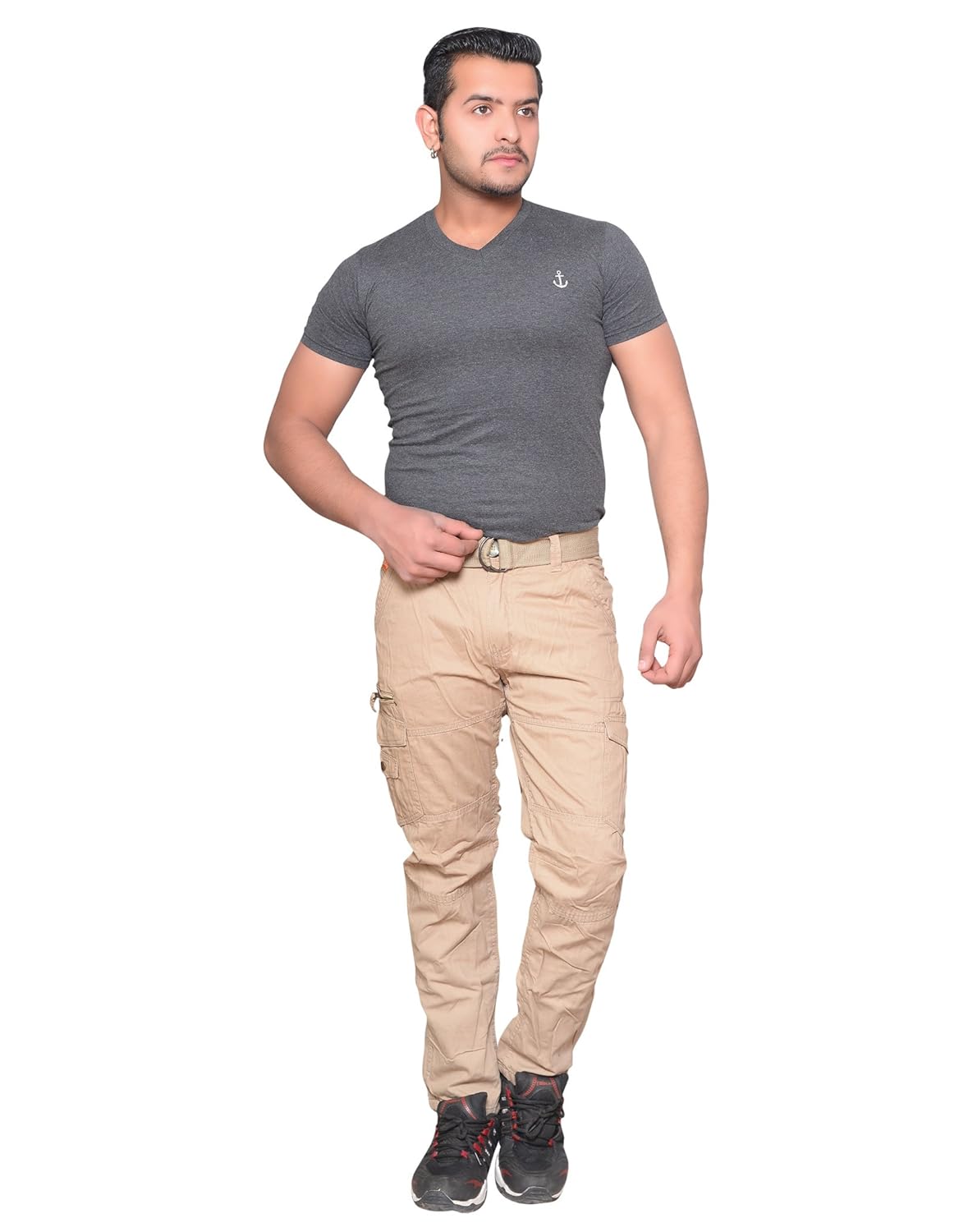 krystle men's cotton stylish cargo trouser pant 6 pocket khaki