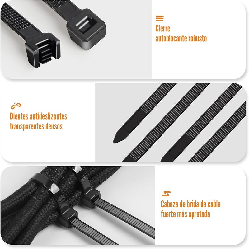 Bridas Plastico, Bridas para Cables Profesionales, Bridas Negras, 18kg de Resistencia a la tracción, Resistentes a los Rayos UV para Interiores y Exteriores (100/150/200/300 mm(1000 Piezas))