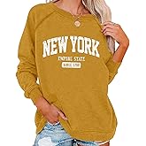 Vdnerjg Women's New York Letter Print Sweatshirt Crewneck Long Sleeve Casual Loose Fit Pullover Shirts Yellow