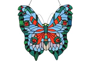 YOURANJU Handmade Stained Glass Butterfly Window Hanging, Colorful Tiffany Style Window Panel for Home Decoration, 12 Inch Art Glass Ornament Gift for Garden, Living Room & Patio (Sky Blue)