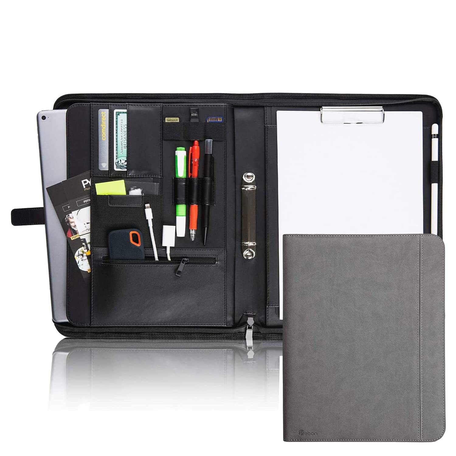 Vebon® Writing Case Ring Binder A4 "Paris" I Zip + Clipboard I Document Folder + Laptop Bag I Extra Storage Space I Faux Leather, Phantom Grey
