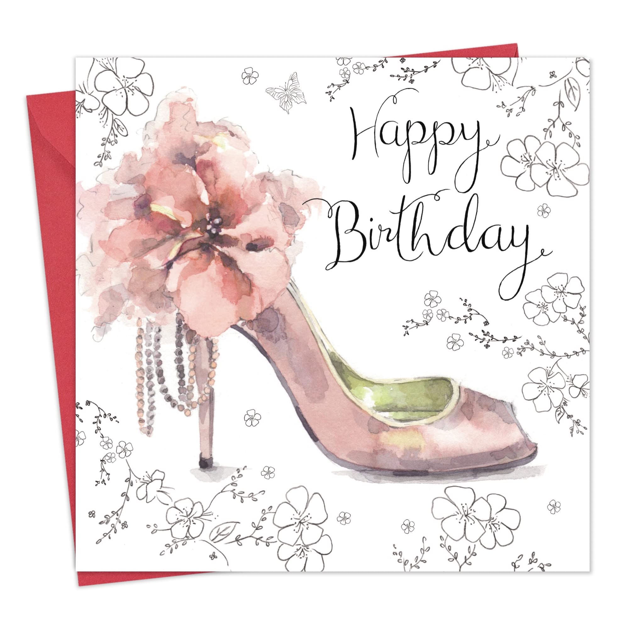 Twizler Happy Birthday Card for Her with Watercolour Effect and Pink Shoe - Womens Female Birthday Card for Young Ladies