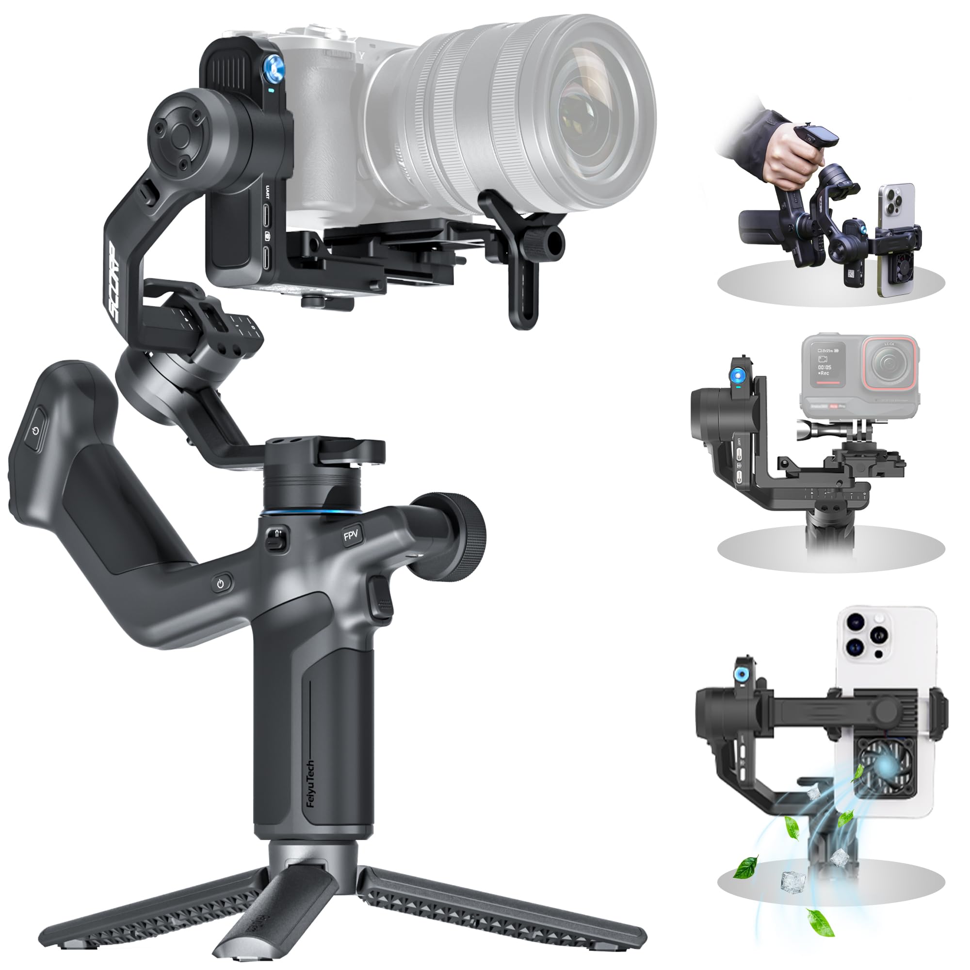 Photo 1 of FeiyuTech SCORP Mini 3 Kit All-in-One Gimbal Stabilizer – Upgraded AI Tracking 4.0, 3-Axis Gimbal for Canon/Sony Vlogging Cameras, iPhone, Action Cams, 4.4 lb Payload, 1.3" Touchscreen