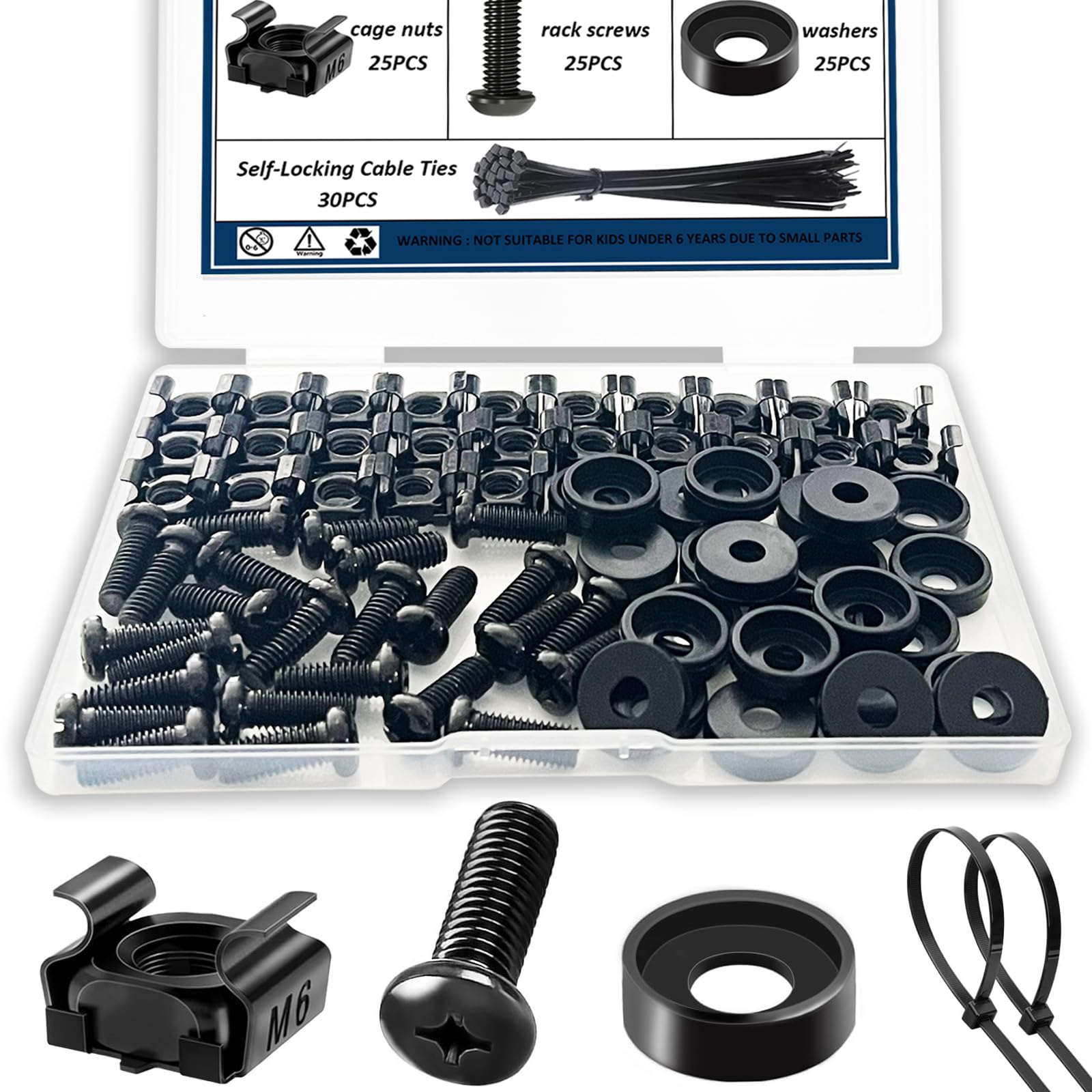 Photo 1 of 105 PCS M6 Rack Screws and cage Nuts Assortment Kit, Cage Screws and Nuts Washers Set for Mount Server Rack, Router Rack, Shelves, (M6 x 16mm), Black Zinc, with Free Self-Locking Cable Ties