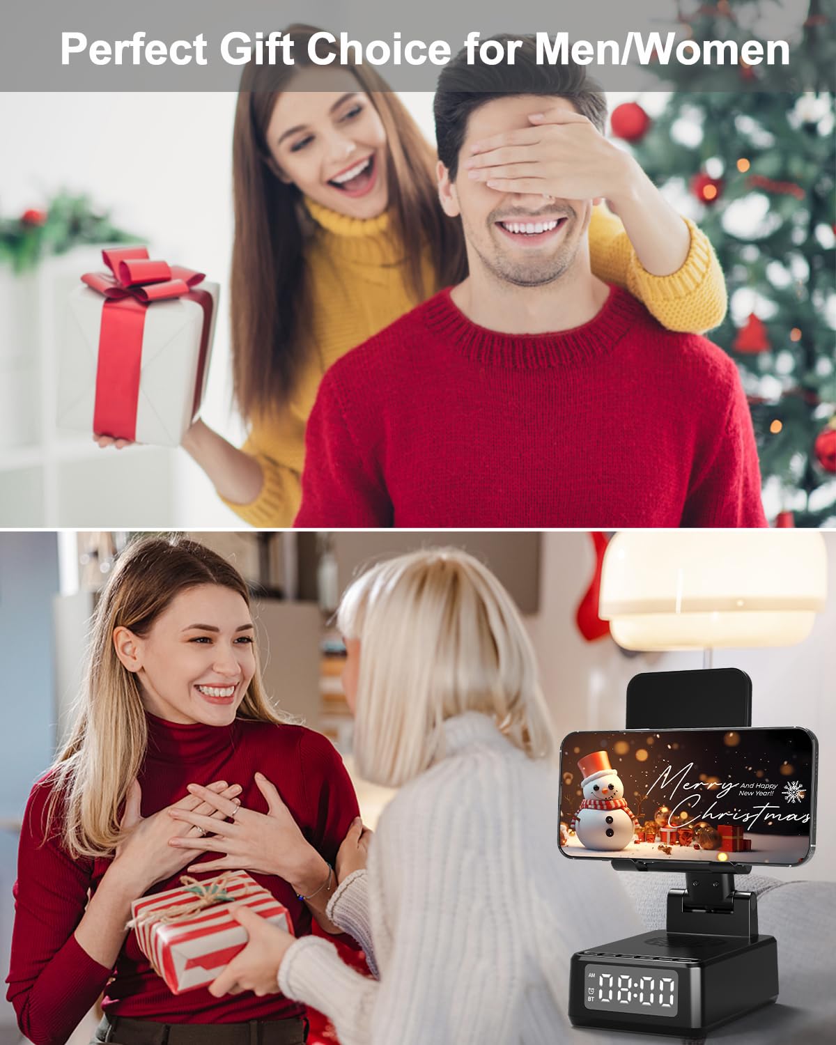 Birthday Gifts for Men Women, Bluetooth Speaker with Wireless Charger & Phone Stand, Gifts for Him, Foldable Angle & Height Stand with Alarm Clock, Ideal for Dad Mom, Tech Gadget Stocking Fillers