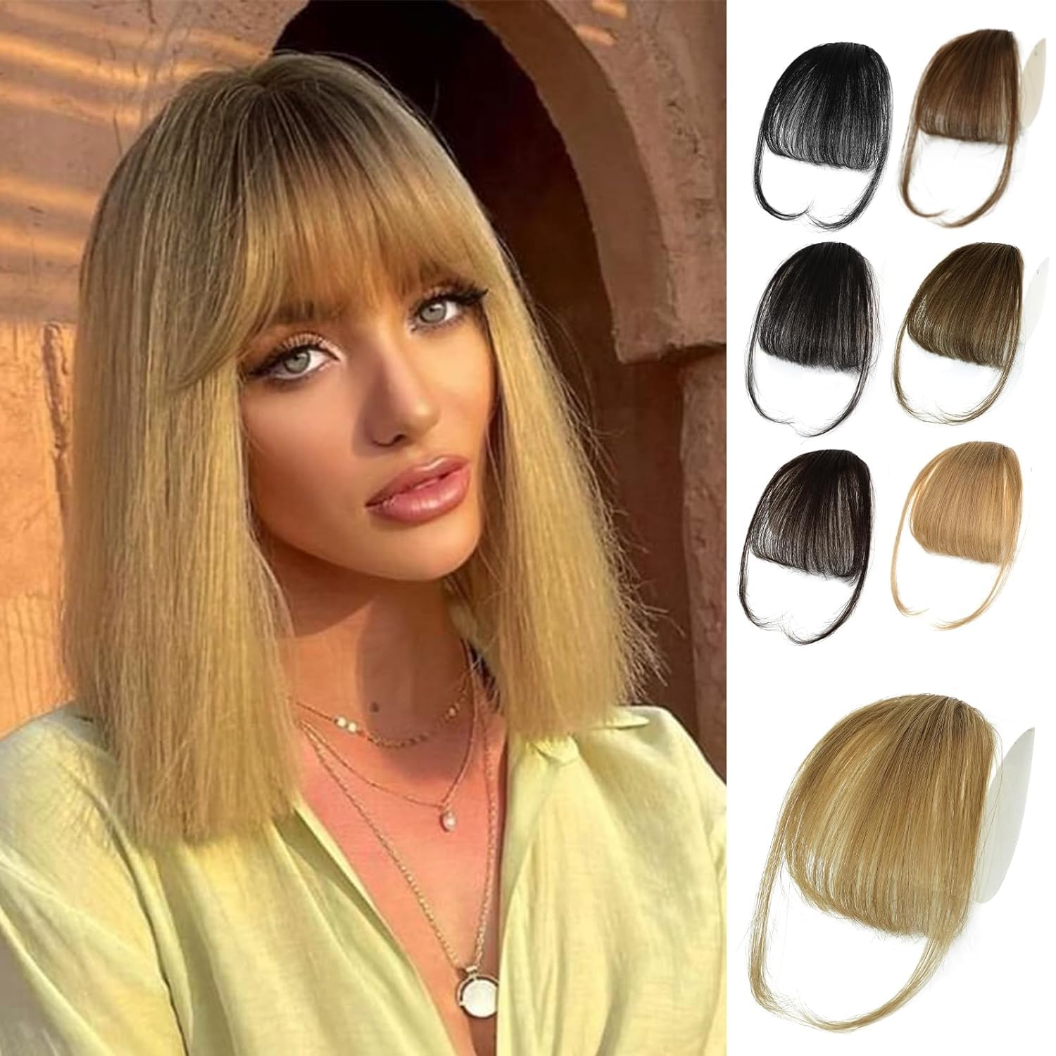 Photo 1 of NAYOO Bangs Hair Clip -Ash Blonde Fake Bangs 100% Real Human Hair Extensions Wispy Bangs for Women Fringe with Temples Hairpieces Curved Bangs for Daily Wear