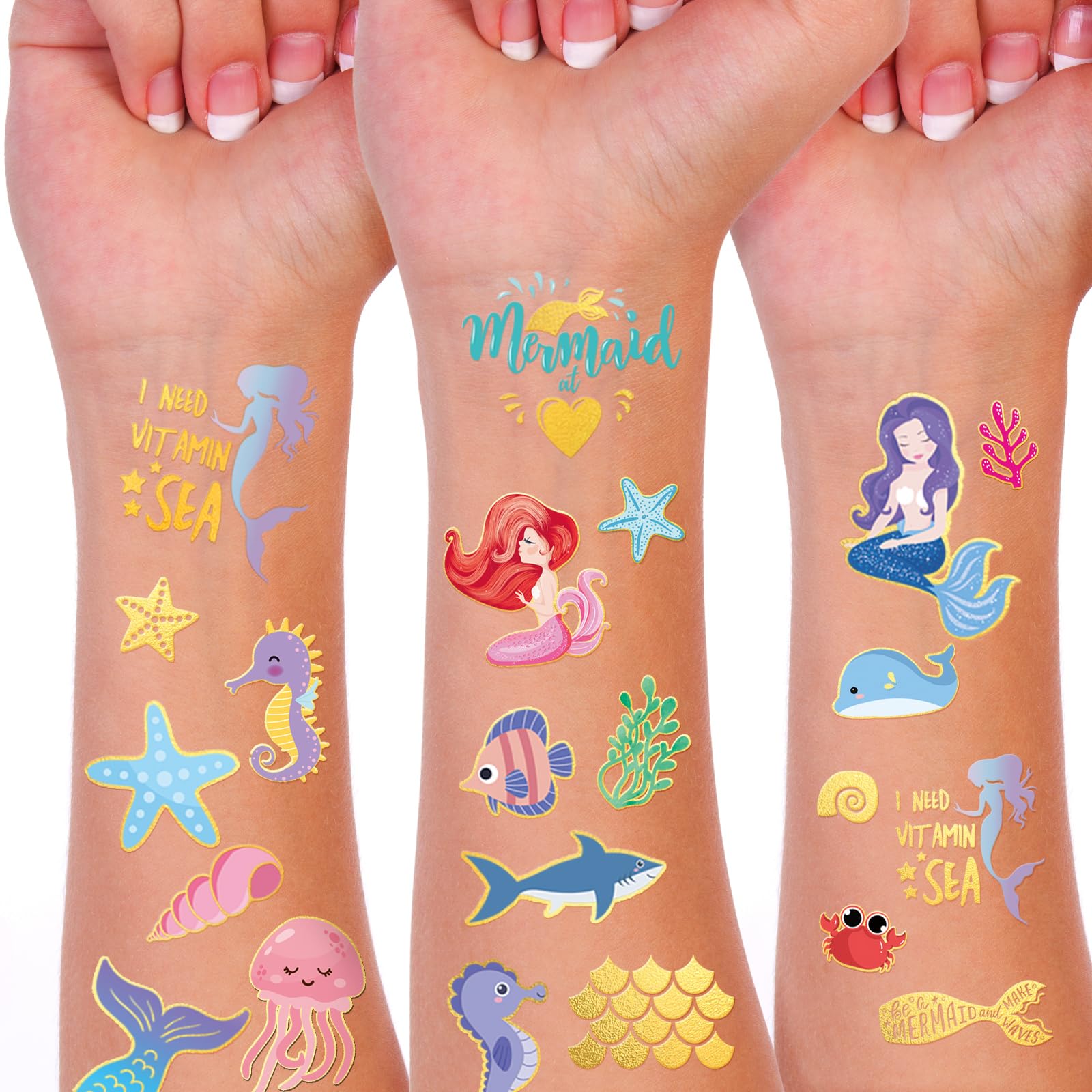 Photo 1 of Gold Glitter Mermaid Temporary Tattoos 218 Pcs Ocean Sea Creature Stickers Under The Sea Mermaid Tattoos for Birthday Party Supplies Ocean Animal Underwater Party Favors Bag Filler Festive Body Art