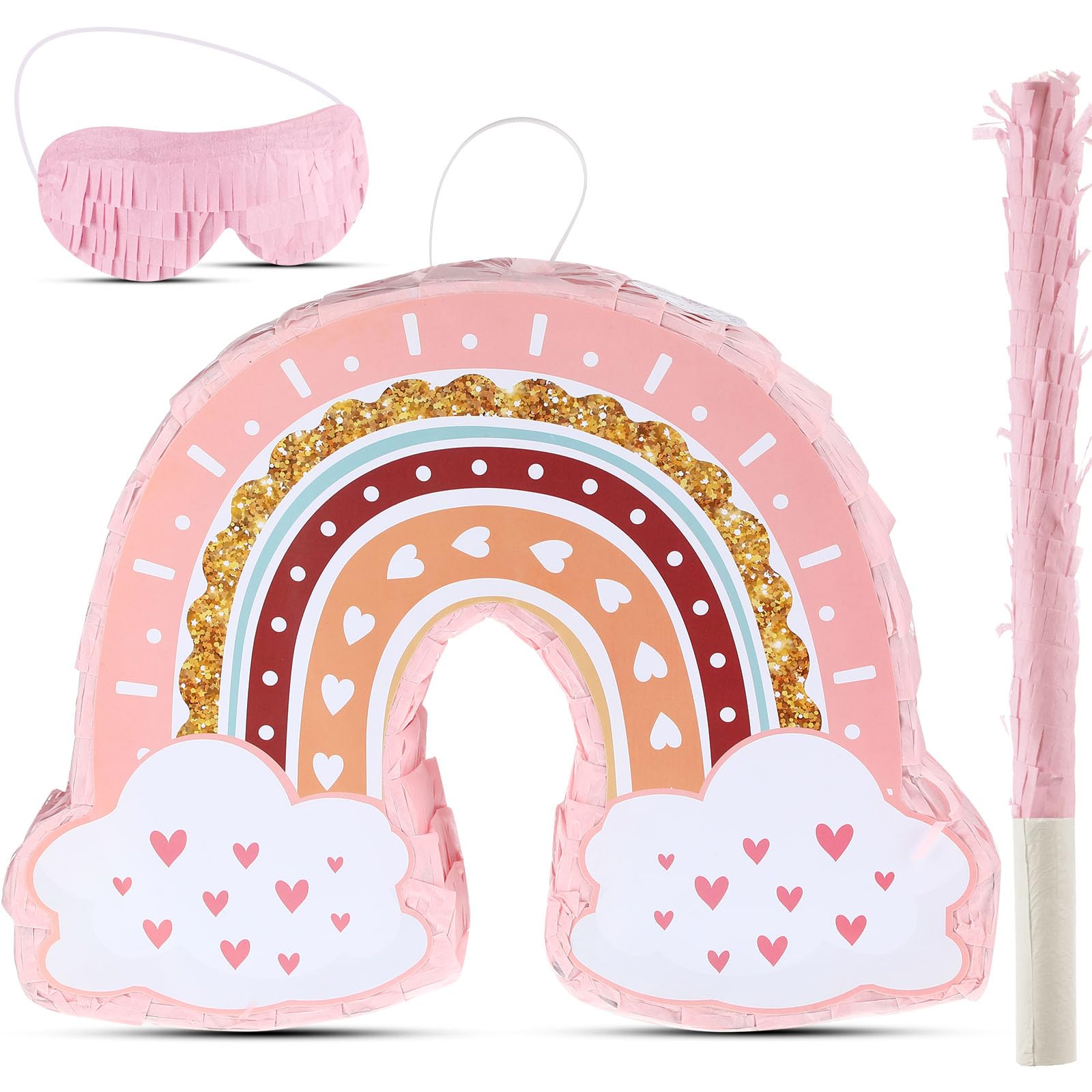 Photo 1 of Threan Rainbow Piñata Pink Rainbow Birthday Party Piñata with Bat Stick Blindfold Boho Theme Birthday Baby Shower Toys Games Party Supplies Decor
