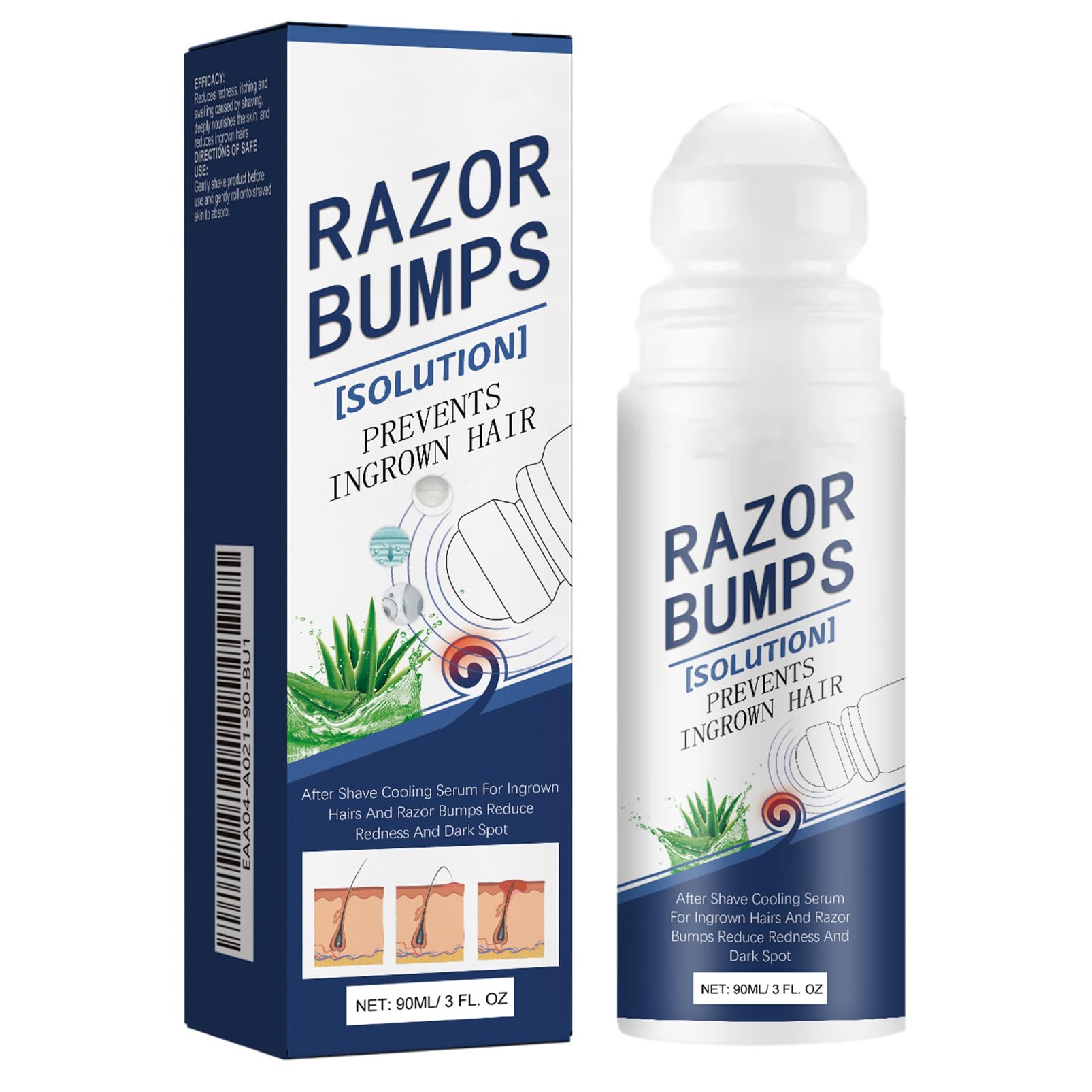 Razor Bumps Treatment for Women and Men, After Shave Solution Roll-On for Ingrown Hairs, Razor Bump Treatment for Face,Neck, Legs, and Underarm Area, Ingrown Hair Serumazor，Smooth Skin(90ml)