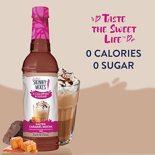 JORDAN’S SKINNY SYRUPS SUGAR FREE COFFEE SYRUP, SALTED CARAMEL MOCHA FLAVOR DRINK MIX, ZERO CALORIE FLAVORING FOR LATTES, PROTEIN SHAKE, FOOD & MORE, GLUTEN FREE, KETO FRIENDLY, 25.4 FL OZ, 1 PACK