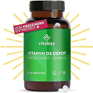 Vitabay Vitamin D3 Depot 20.000 I.E. – 120 vegane Tabletten – hochdosiert & vegan – ohne Zusatzstoffe – laborgeprüft – Vorrat für lange Zeit