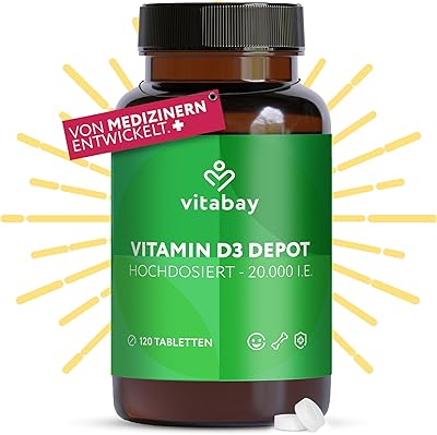 Vitabay Vitamin D3 Depot 20.000 I.E. – 120 vegane Tabletten – hochdosiert & vegan – ohne Zusatzstoffe – laborgeprüft – Vorrat für lange Zeit