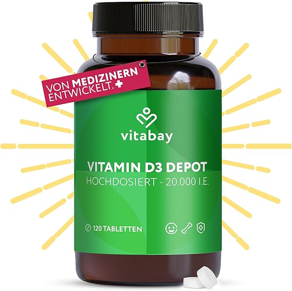 Vitabay Vitamin D3 Depot 20.000 I.E. – 120 vegane Tabletten – hochdosiert & vegan – ohne Zusatzstoffe – laborgeprüft – Vorrat für lange Zeit