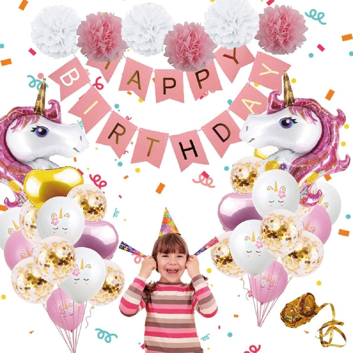 Unicorn Balloons Birthday Party Decorations - Unicorn Birthday Party Supplies Kit, Included Pink Happy Birthday Banner ,Pink & Gold Heart Balloons ,Paper Pom Poms for Baby Shower Decorations (Pink)