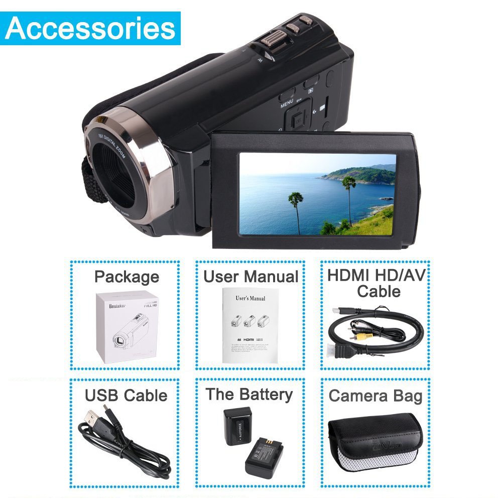 Video Camcorders, Besteker Portable Digital Video Camera Max 20.0 MP 1080P Camcorder HD Support WIFI and IR 3.0 Inches Touch Screen Camera Recorder (HDV-5052, Black)