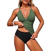 ZAFUL Womens Tankini Swimsuits Smocked 2 Piece Bathing Suits Modest Tie Back Swimwear