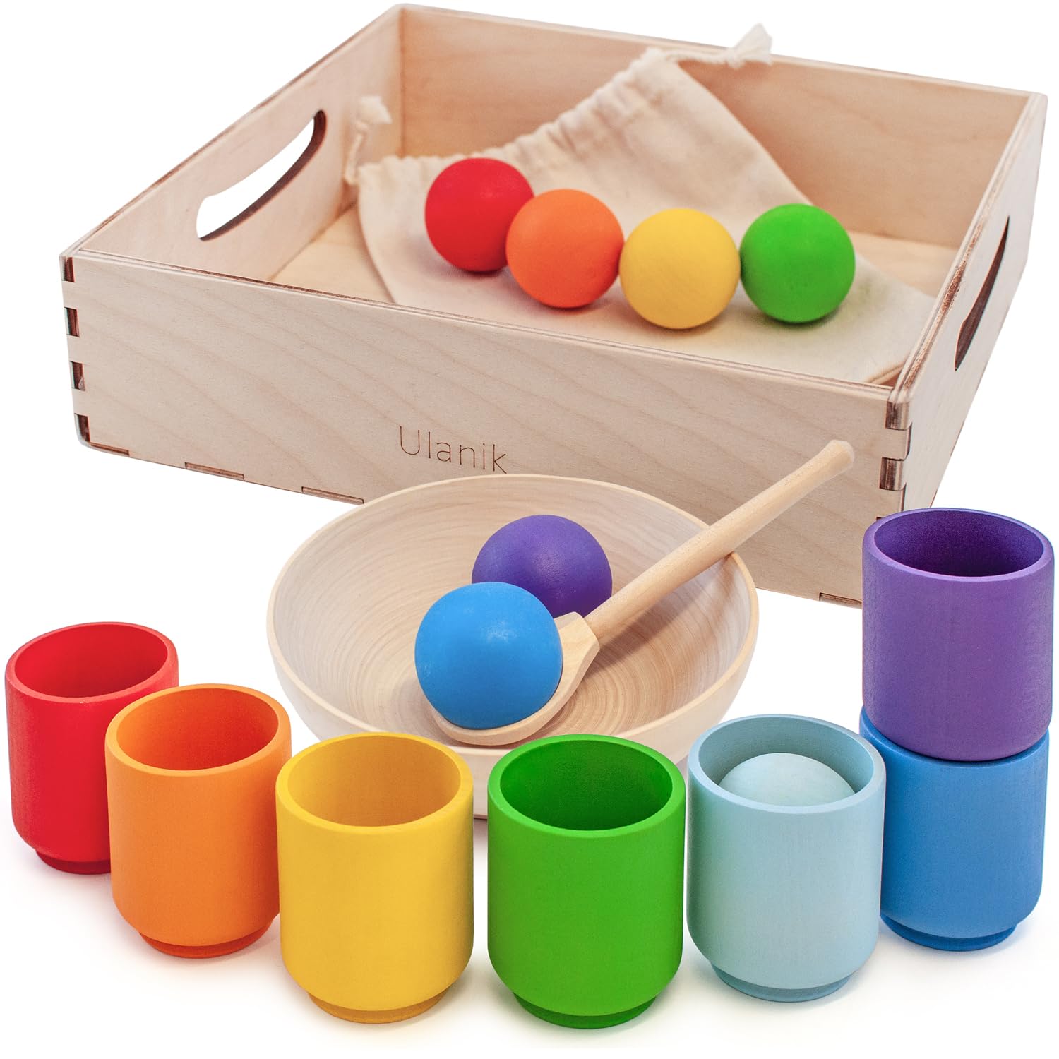 Ulanik Rainbow Large Balls in Cups Toddler Montessori Toys for 1 Year Old + Baby Preschool Matching Wooden Games for Learning Colour Sorting and Counting — 7 balls