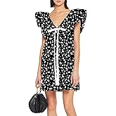 hibshaby Women's Floral Print Mini Dress V Neck Puff Sleeve Dress Short Babydoll Bow Dress